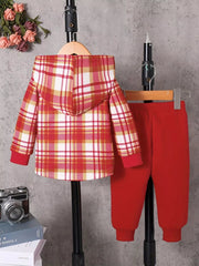 Children's Plaid Button Up Hooded Top & Pants Set 