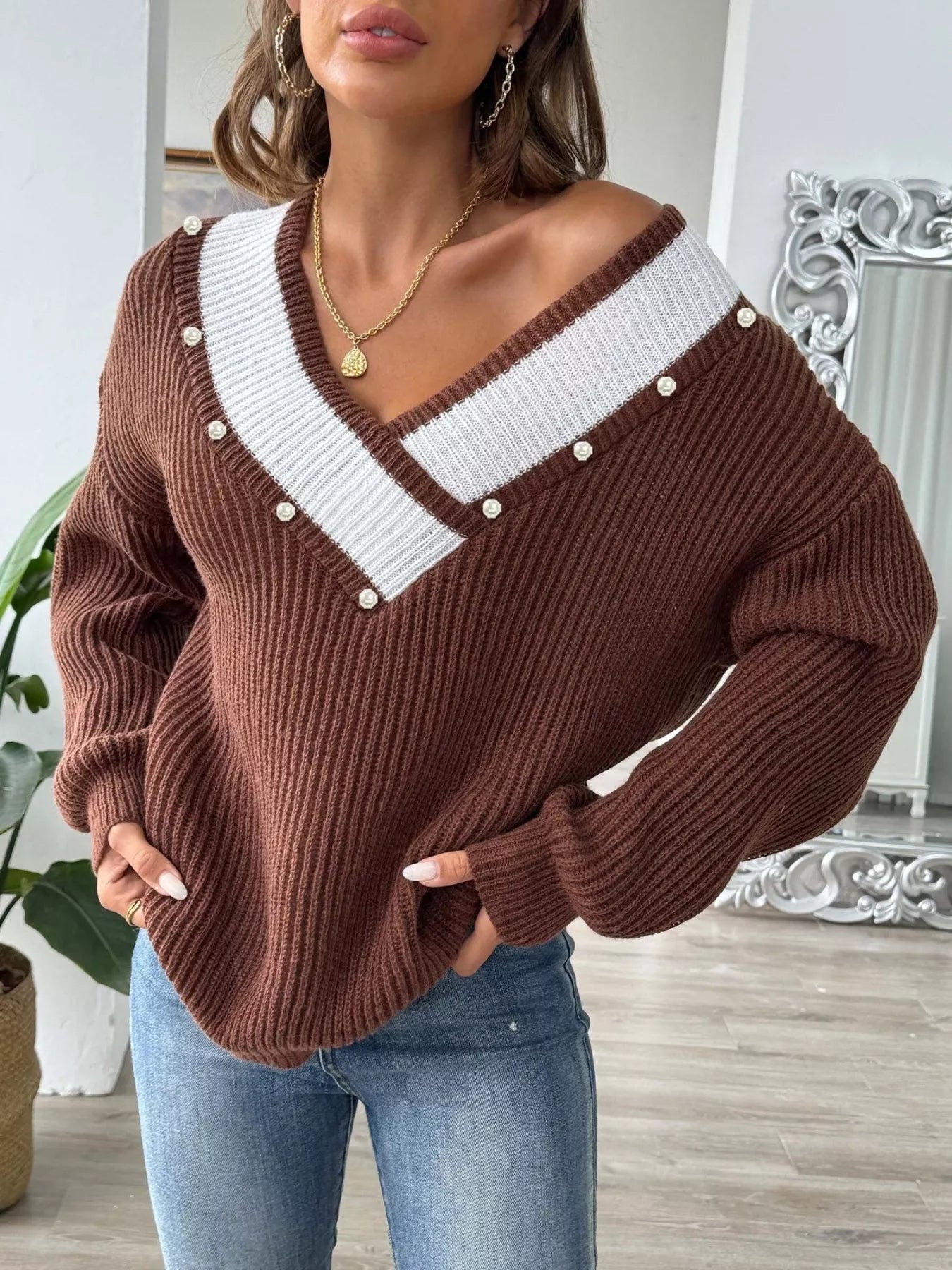 V-Neck Button-Decorated Sweater 