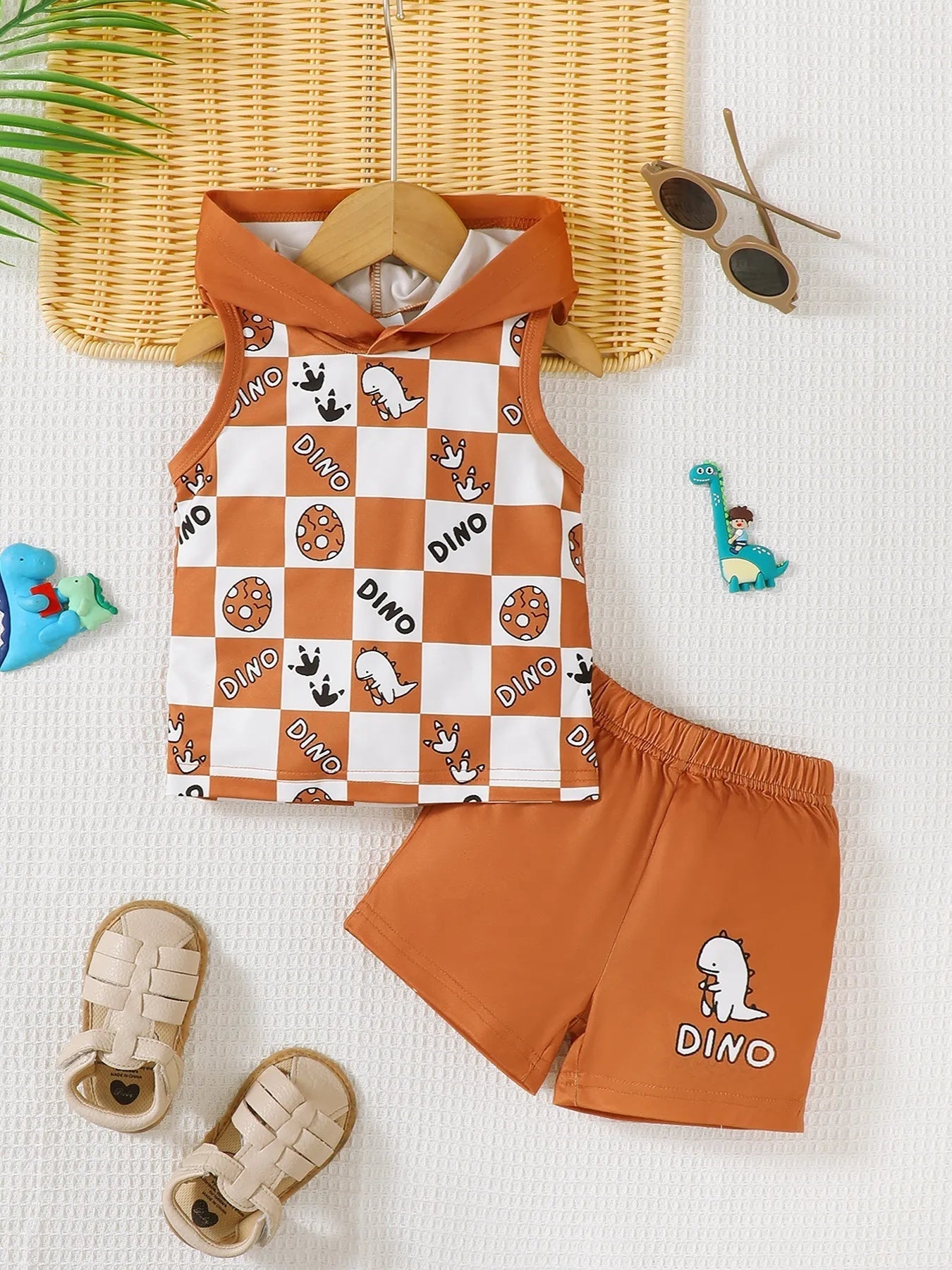 Children's Dinosaur Checkered Sleeveless Hooded Top and Shorts Set 
