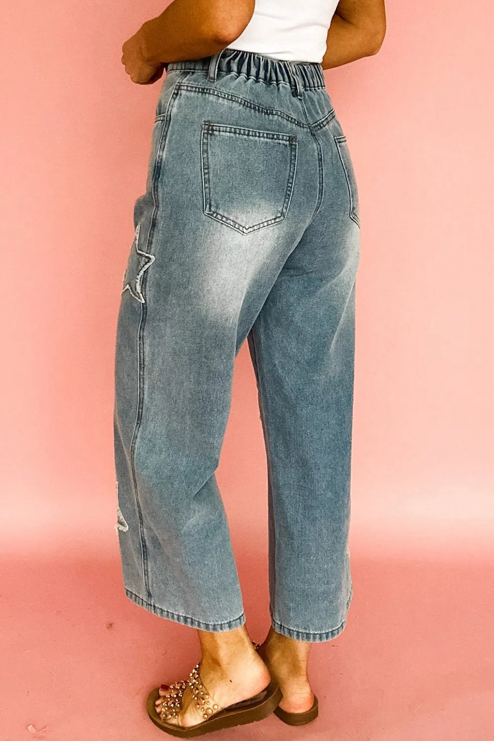 Star Embroidered High Waist Wide Leg Jeans 