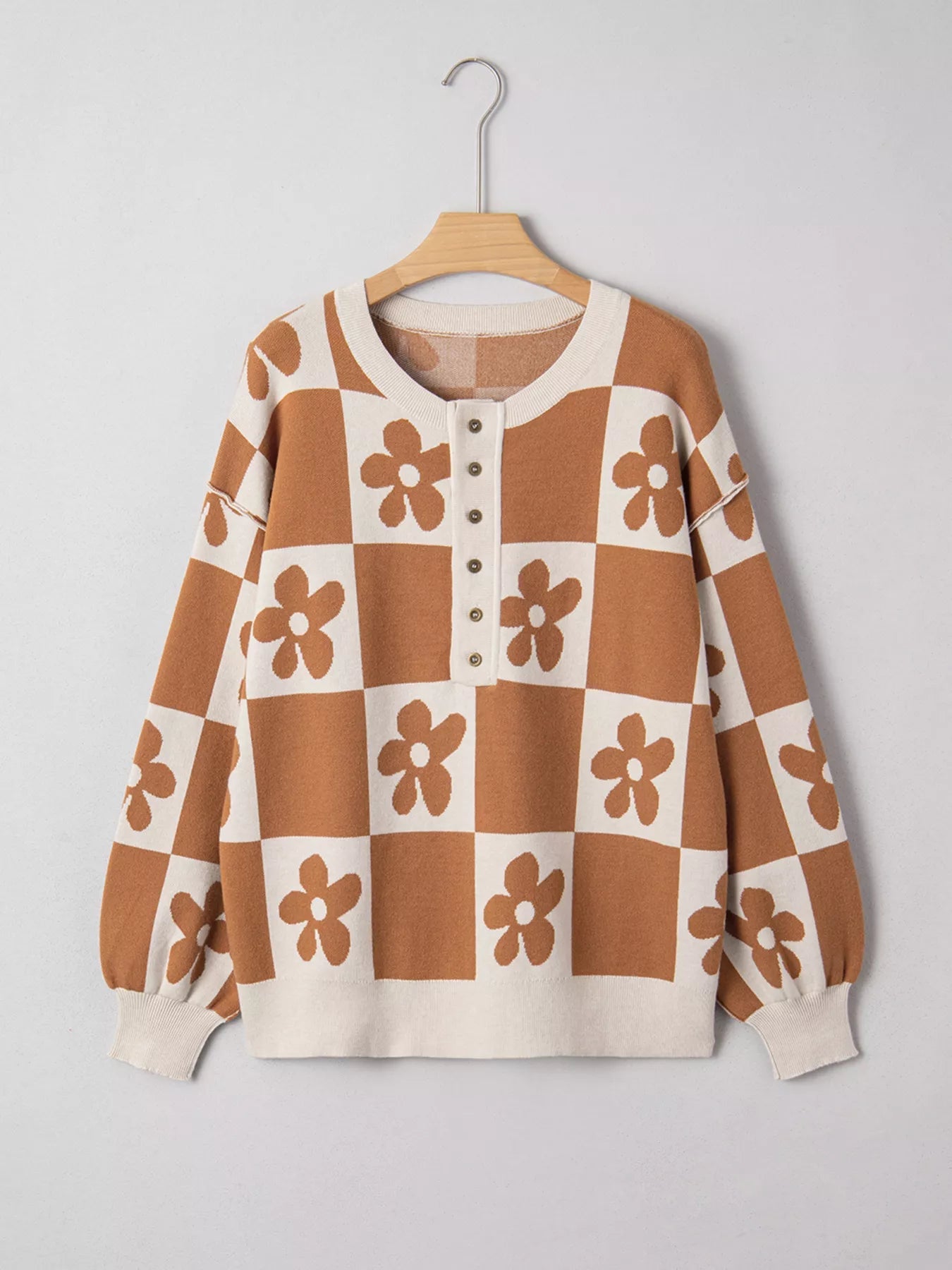 Flower Plaid Henley Baggy Sweater 