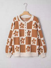 Flower Plaid Henley Baggy Sweater 
