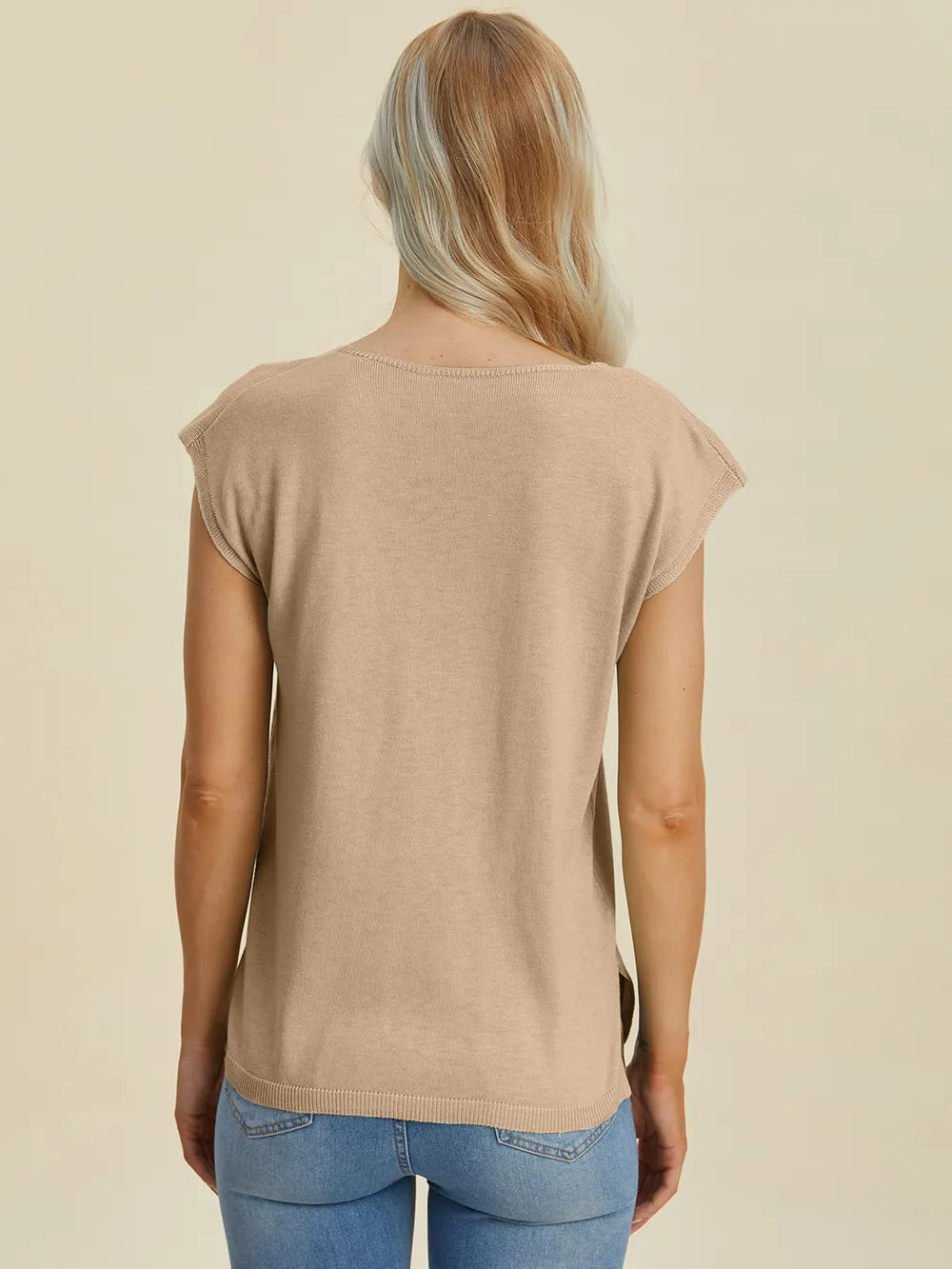 Double Take Full Size Notched Cap Sleeve Knit Top 