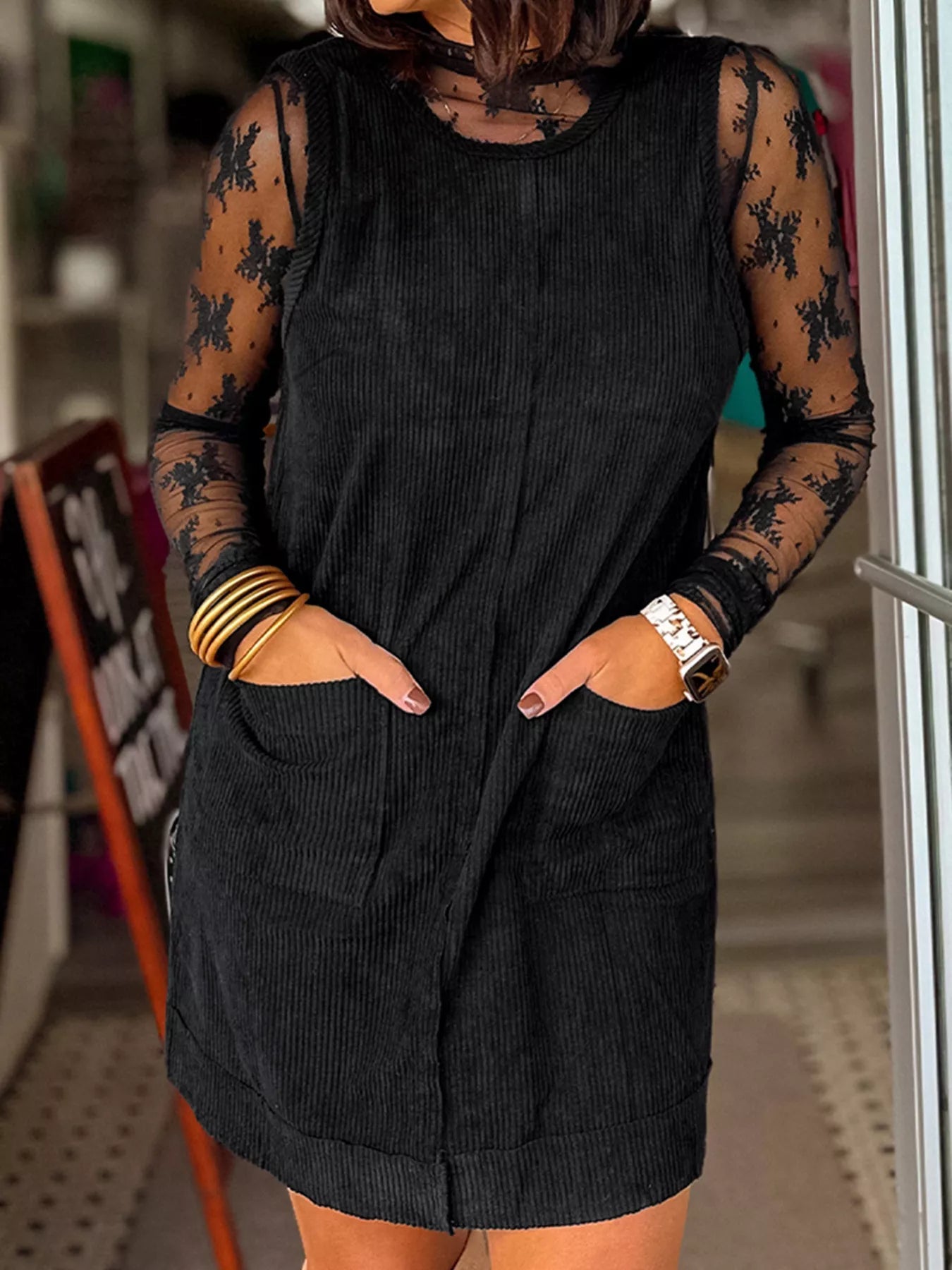 Corduroy Sleeveless Mini Dress with Patched Pockets 