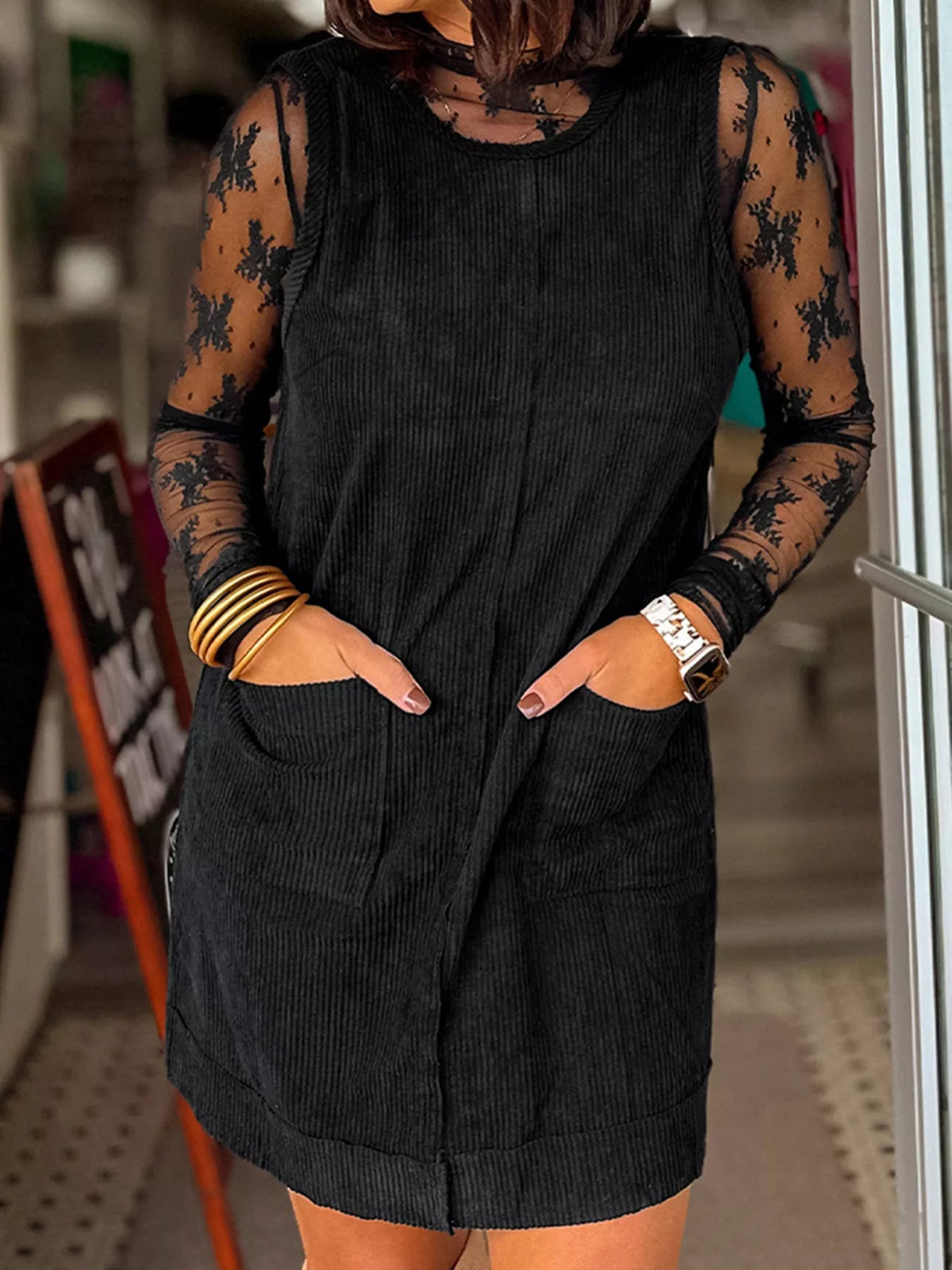 Corduroy Sleeveless Mini Dress with Patched Pockets 