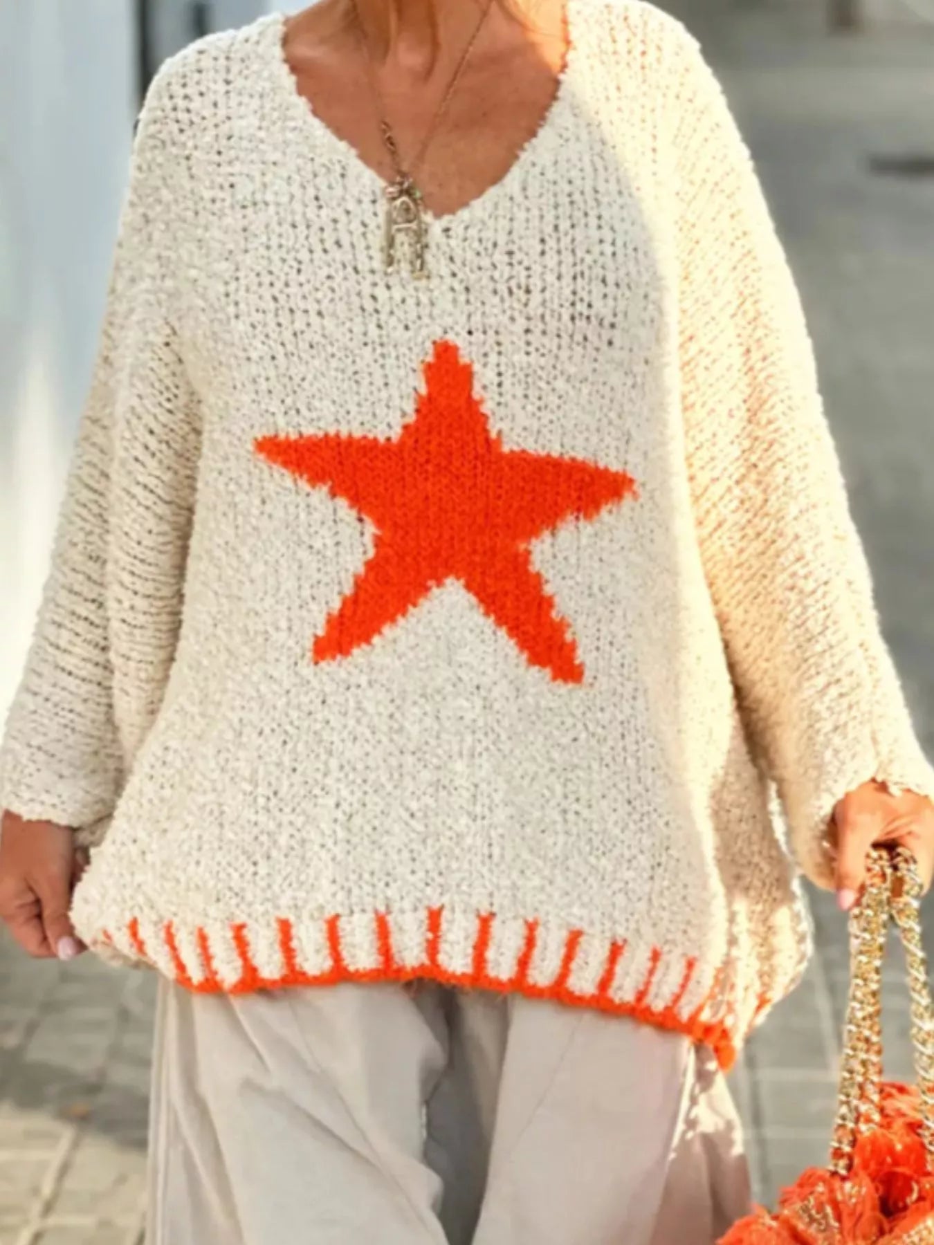 Star V-Neck Long Sleeve Sweater 