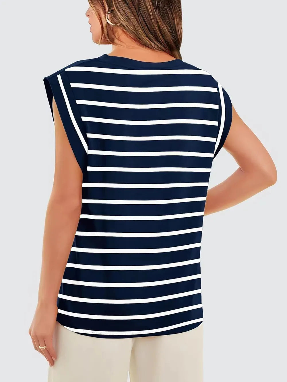 Striped Round Neck Cap Sleeve T-Shirt 