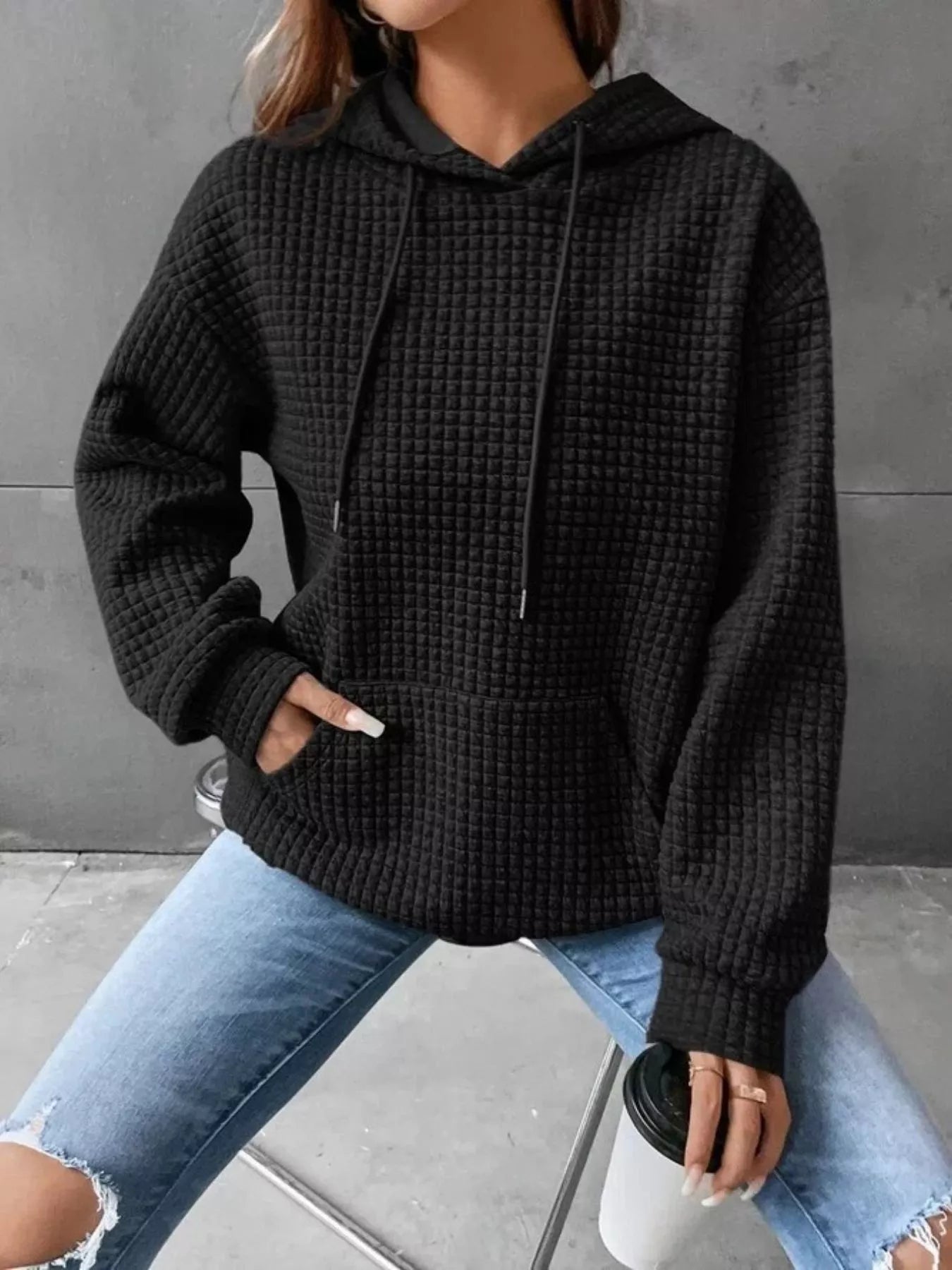 Full Size Textured Kangaroo Pocket Hoodie Plus Size 