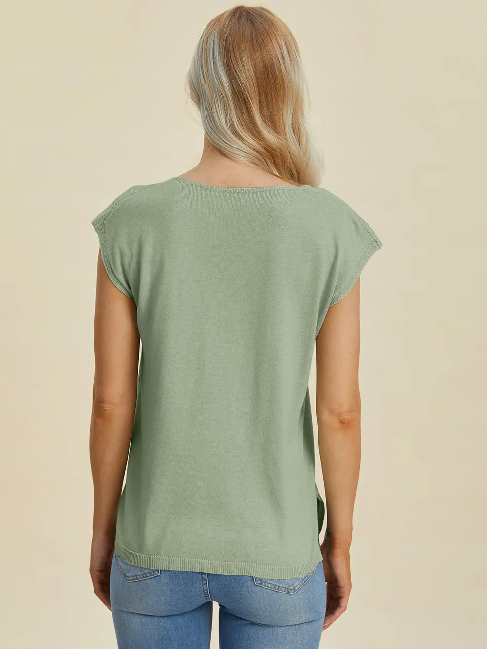 Double Take Full Size Notched Cap Sleeve Knit Top 