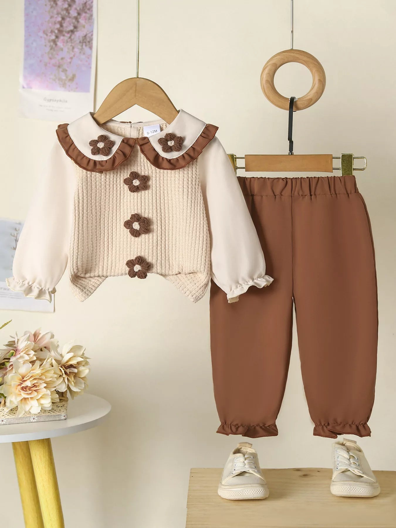 Children's Floral Applique Ruffle Trim Top and Pants Set 