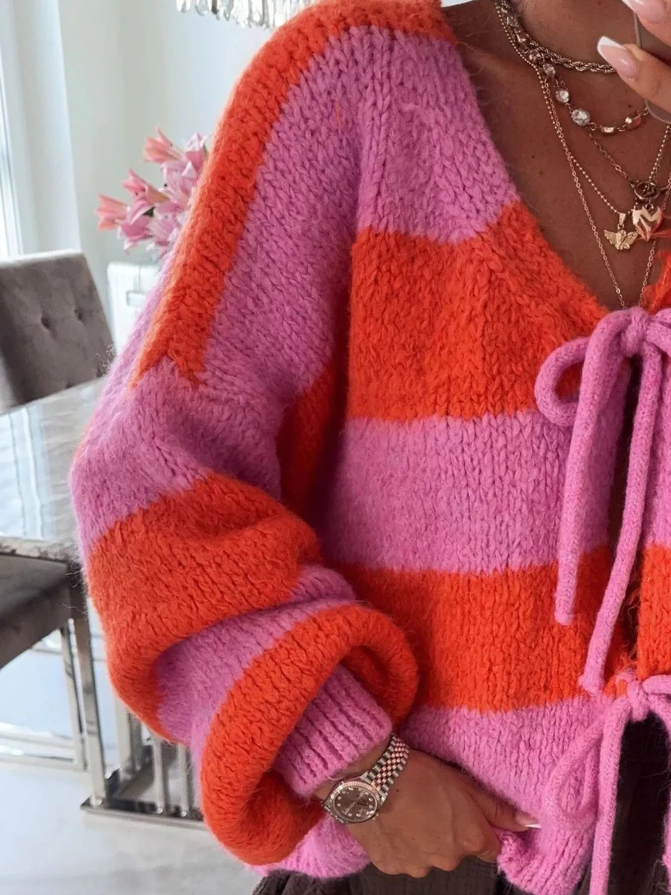 Striped Tie-Front Knit Cardigan 