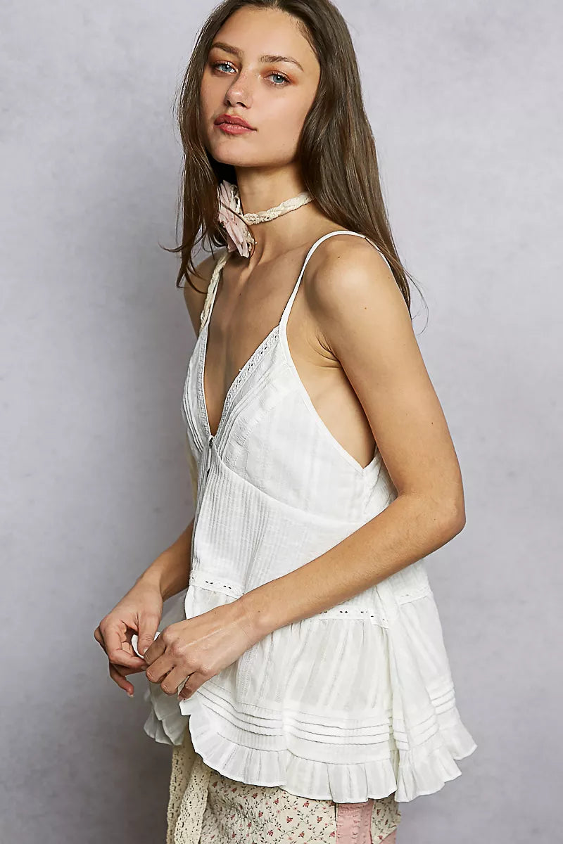 POL Button Front V-Neck Ruffled Cami with Pintuck Accents 