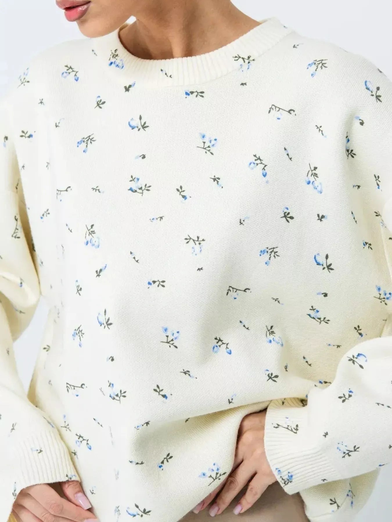 Ribbed Hem Floral Long Sleeve Sweater 