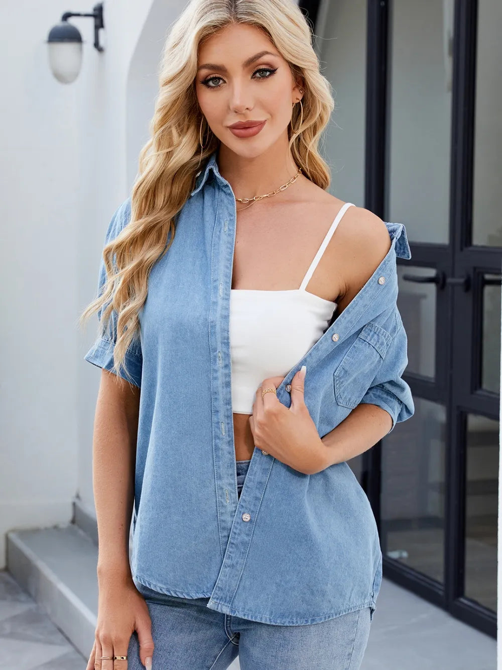 Collared Neck Button Up Denim Shirt 