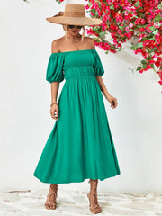 Off-Shoulder Balloon Sleeve Midi Dress 