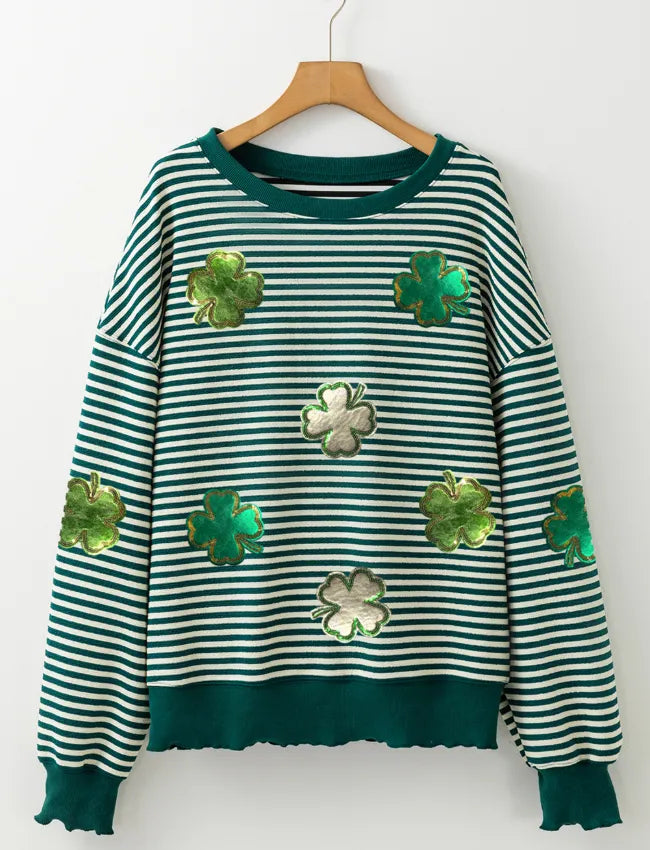 Stripe Lucky Clover Drop Shoulder Sweatshirt 