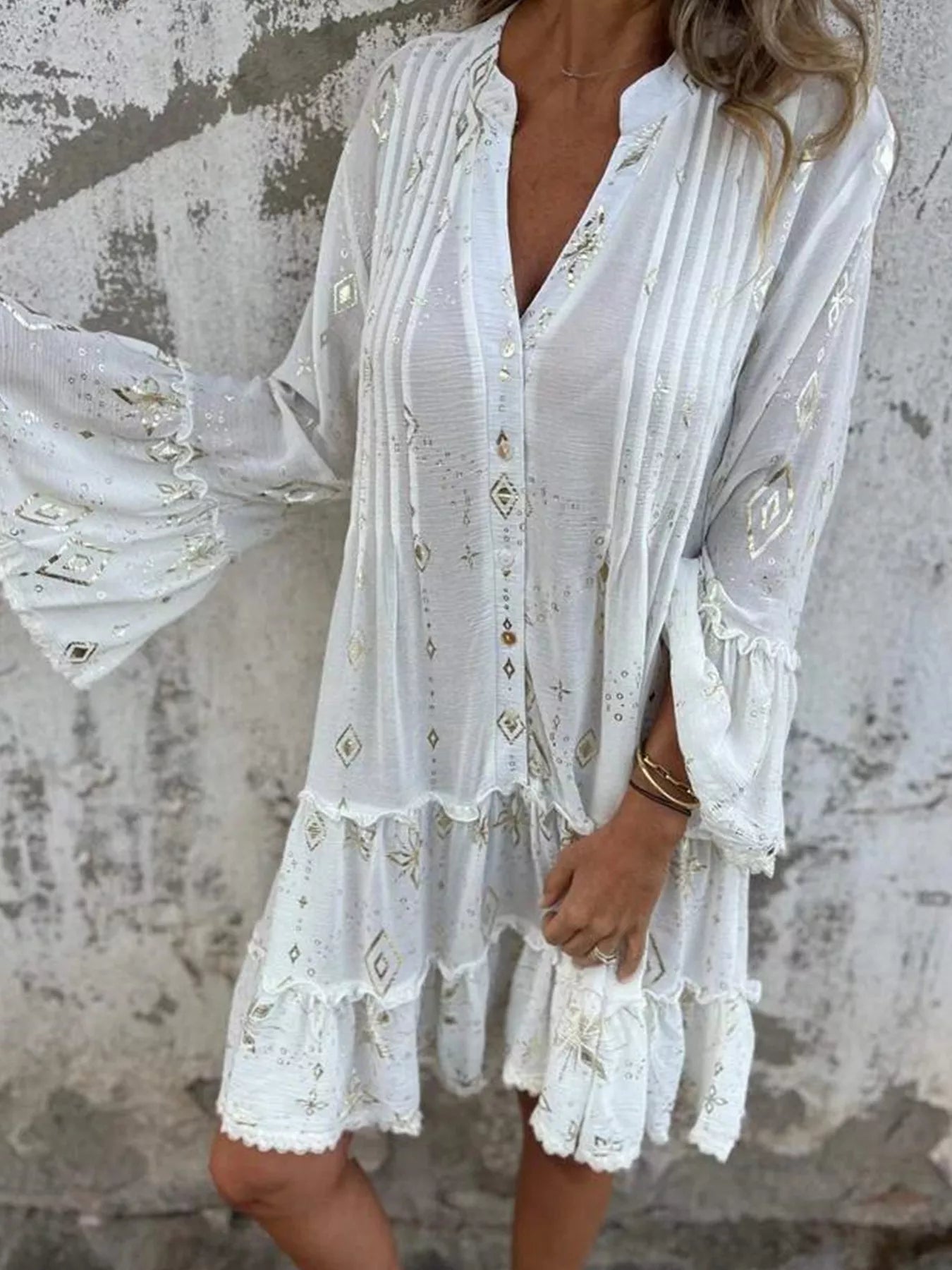 Full Size Printed Notched Flare Sleeve Dress Plus Size 