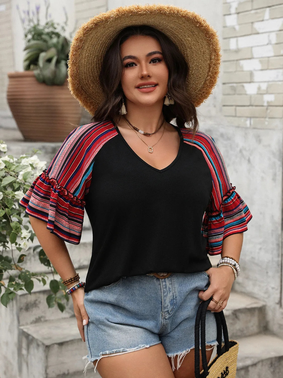 Plus Size V-Neck Flounce Sleeve Top 