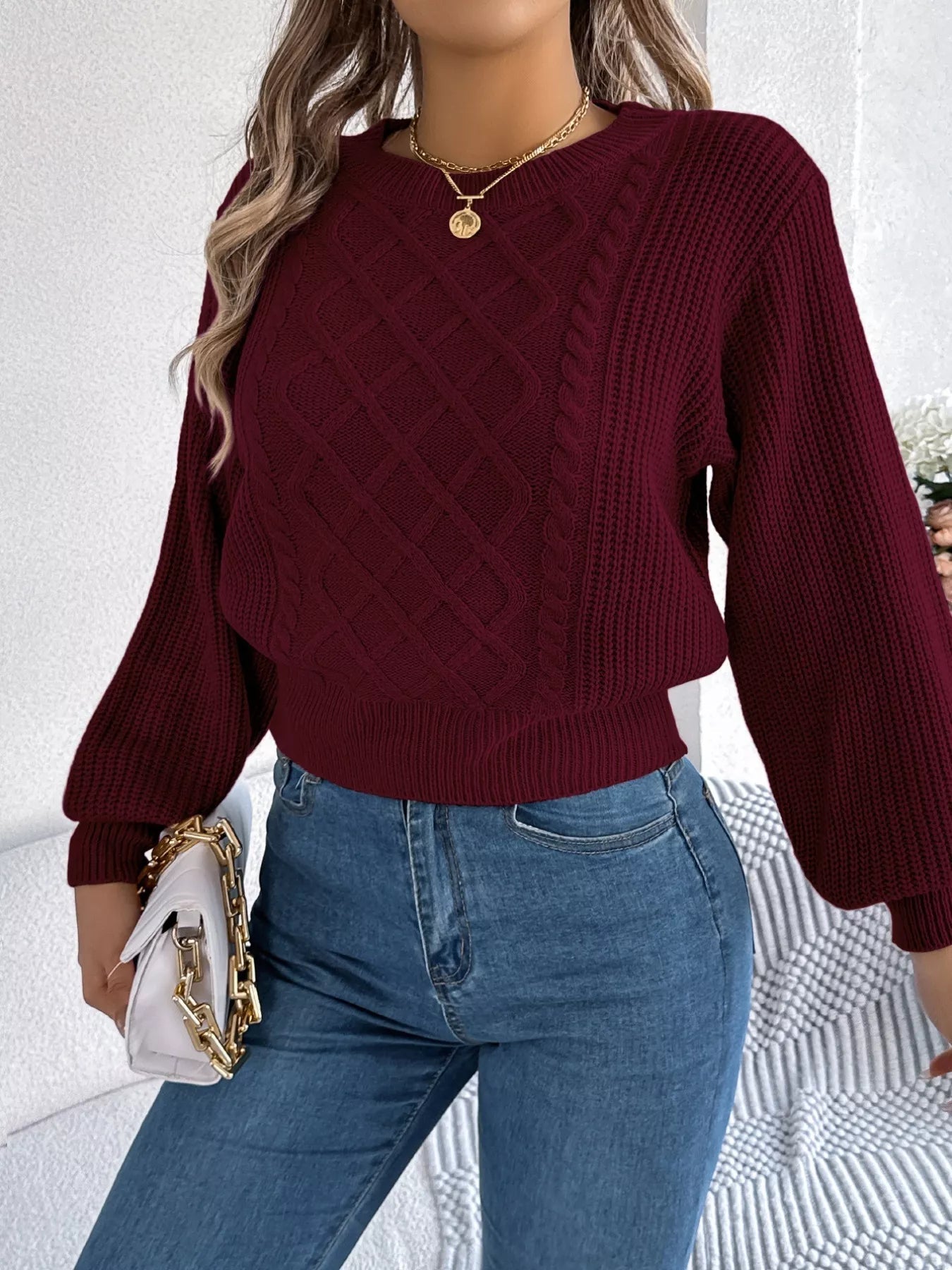 Cable Knit Diamond Pattern Long Sleeve Sweater 