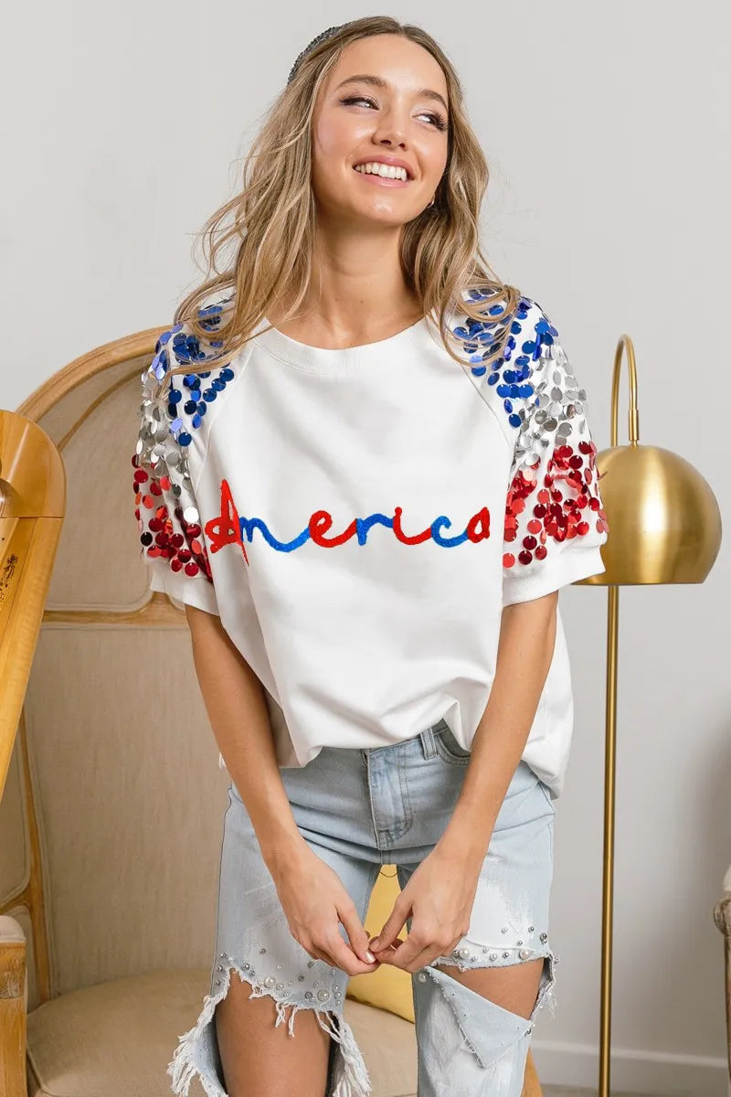 BiBi America Letter Applique Spangle Puff Sleeves Top 