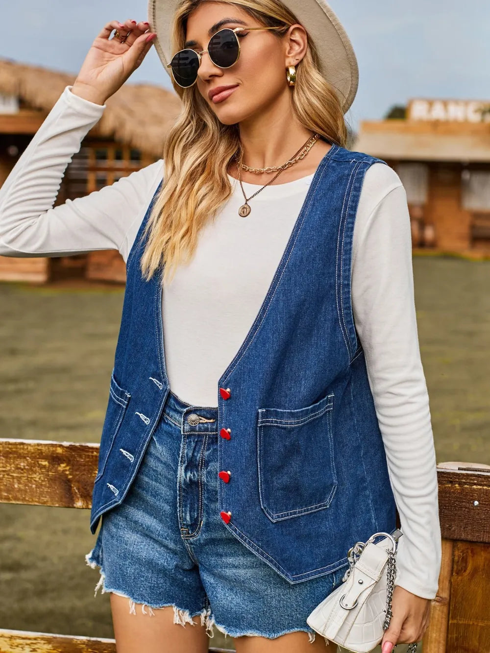 Pocketed Button Up Sleeveless Denim Jacket 