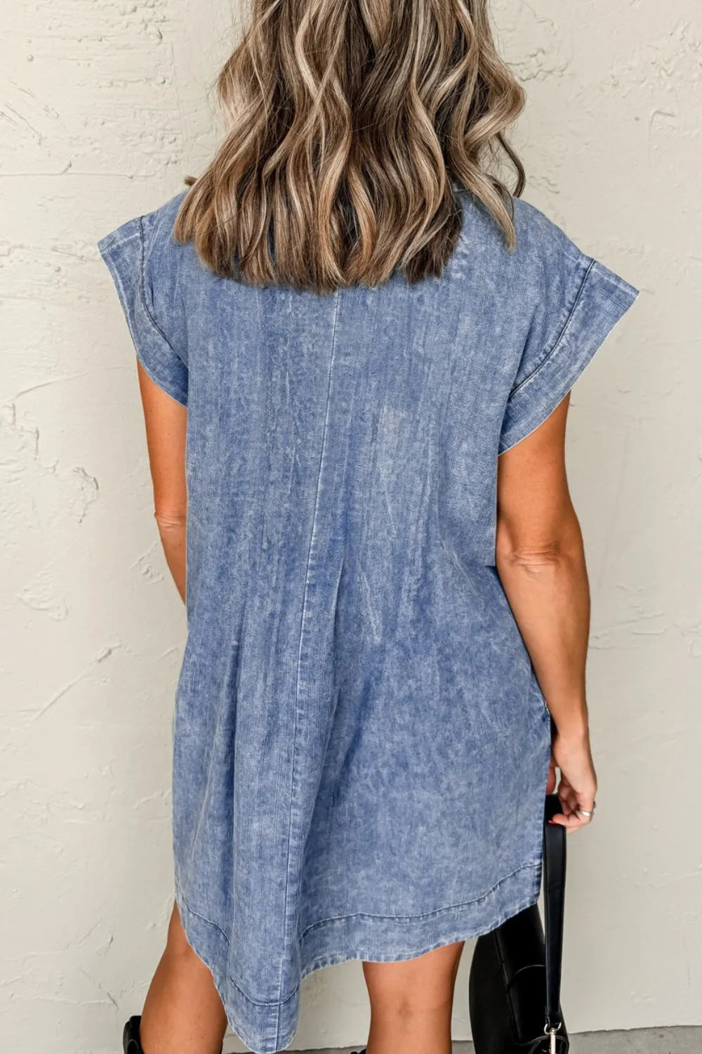 Tie V Neck Tucking Detail Short Sleeve Denim Dress 