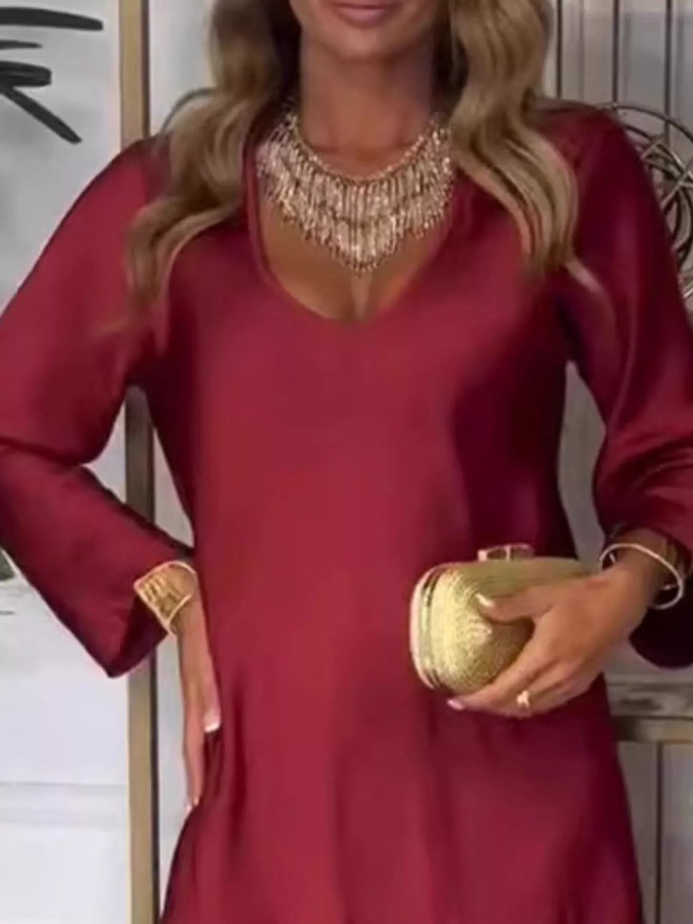 Full Size V-Neck Long Sleeve Midi Dress Plus Size 