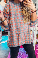 Plaid Round Neck Dropped Shoulder Sweater 