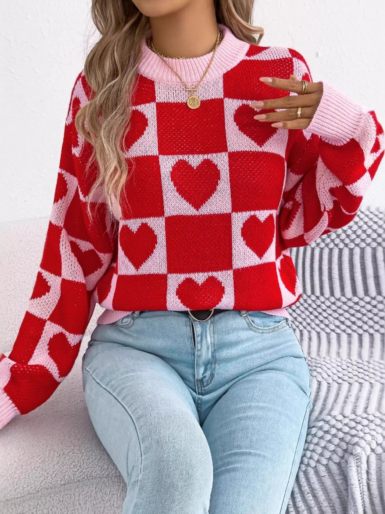 Heart Checkerboard Pattern Round Neck Sweater 