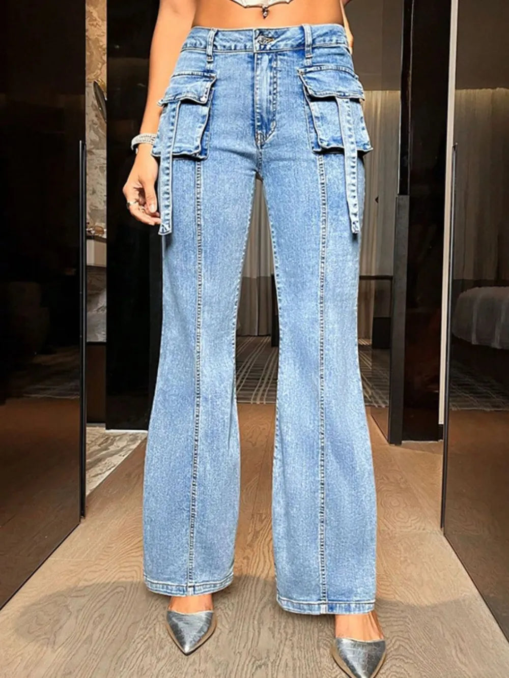 Mid Rise Straight Jeans with Cargo Pockets 