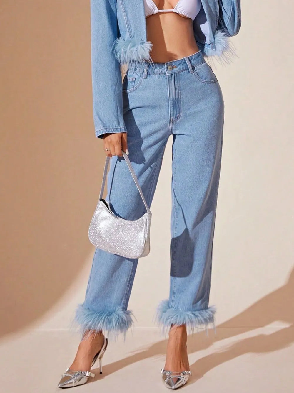 Plush Hem High Rise Straight Jeans 