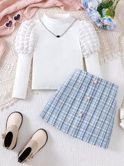 Children's Puff Sleeves Top and Plaid Skirt Set 