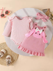 Children's Ruffled Trim Bodysuit and Dress Set with Headband 