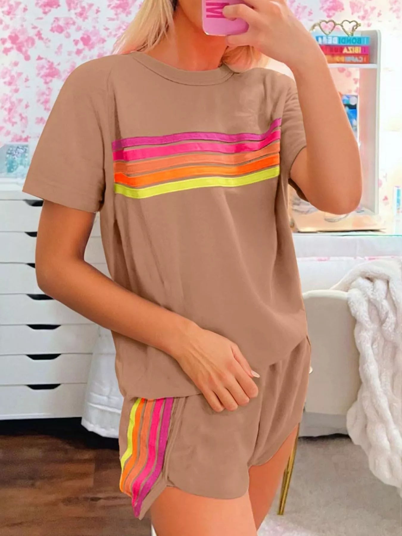 Rainbow Striped Round Neck Top and Shorts Set 