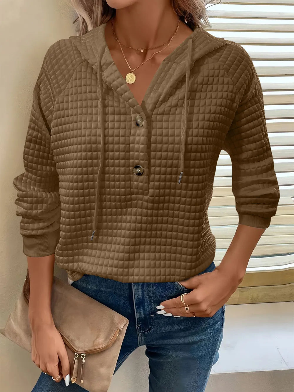 Full Size Texture Button Detail Drawstring Long Sleeve Hoodie 