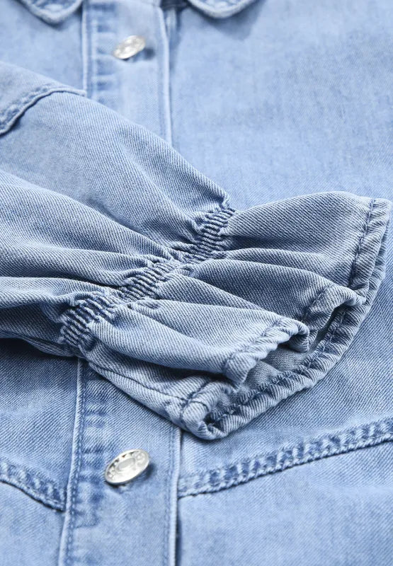 Distressed Collared Neck Flounce Sleeve Denim Dress 