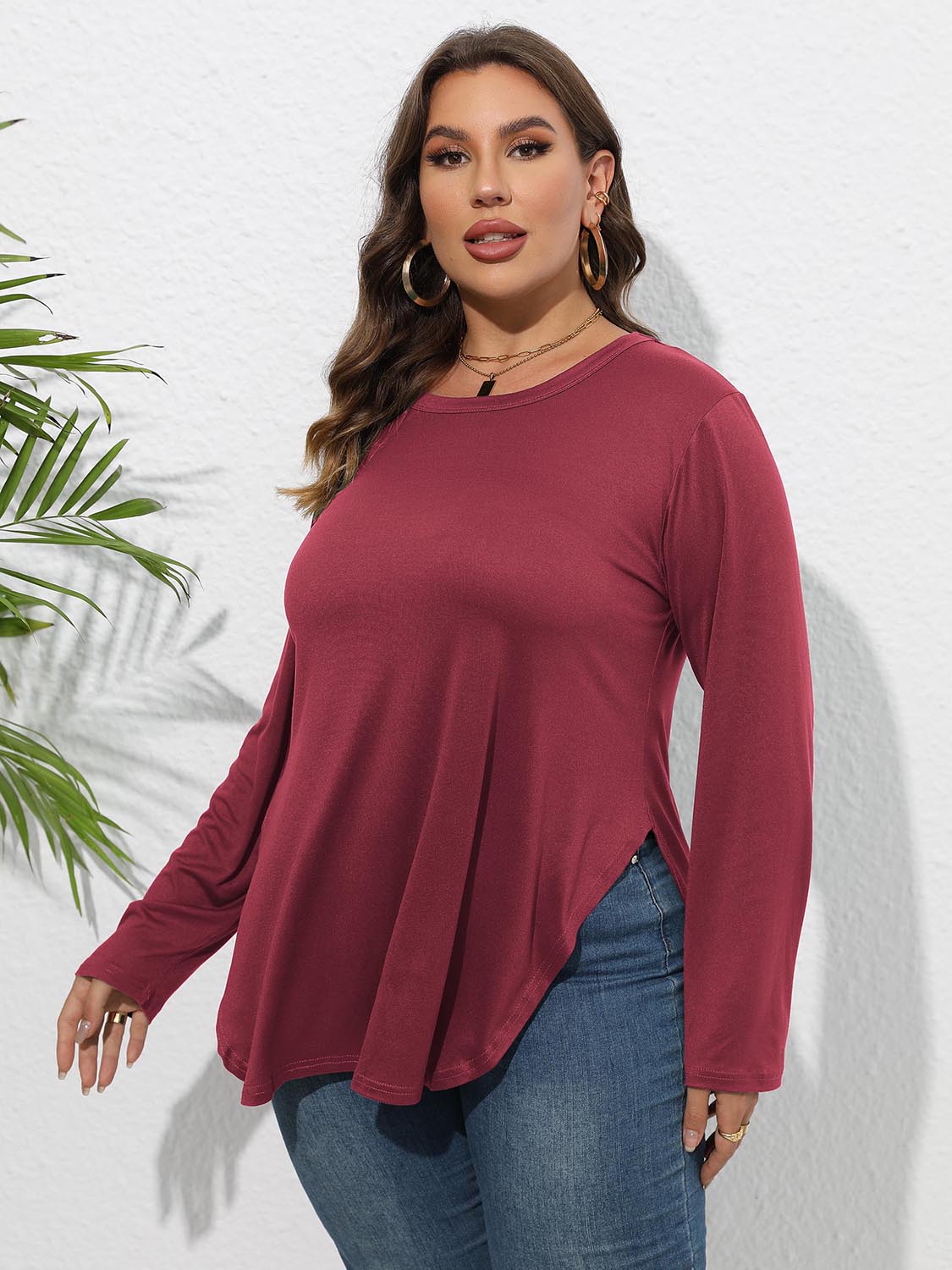 Plus Size Round Neck Long Sleeve Slit T-Shirt 