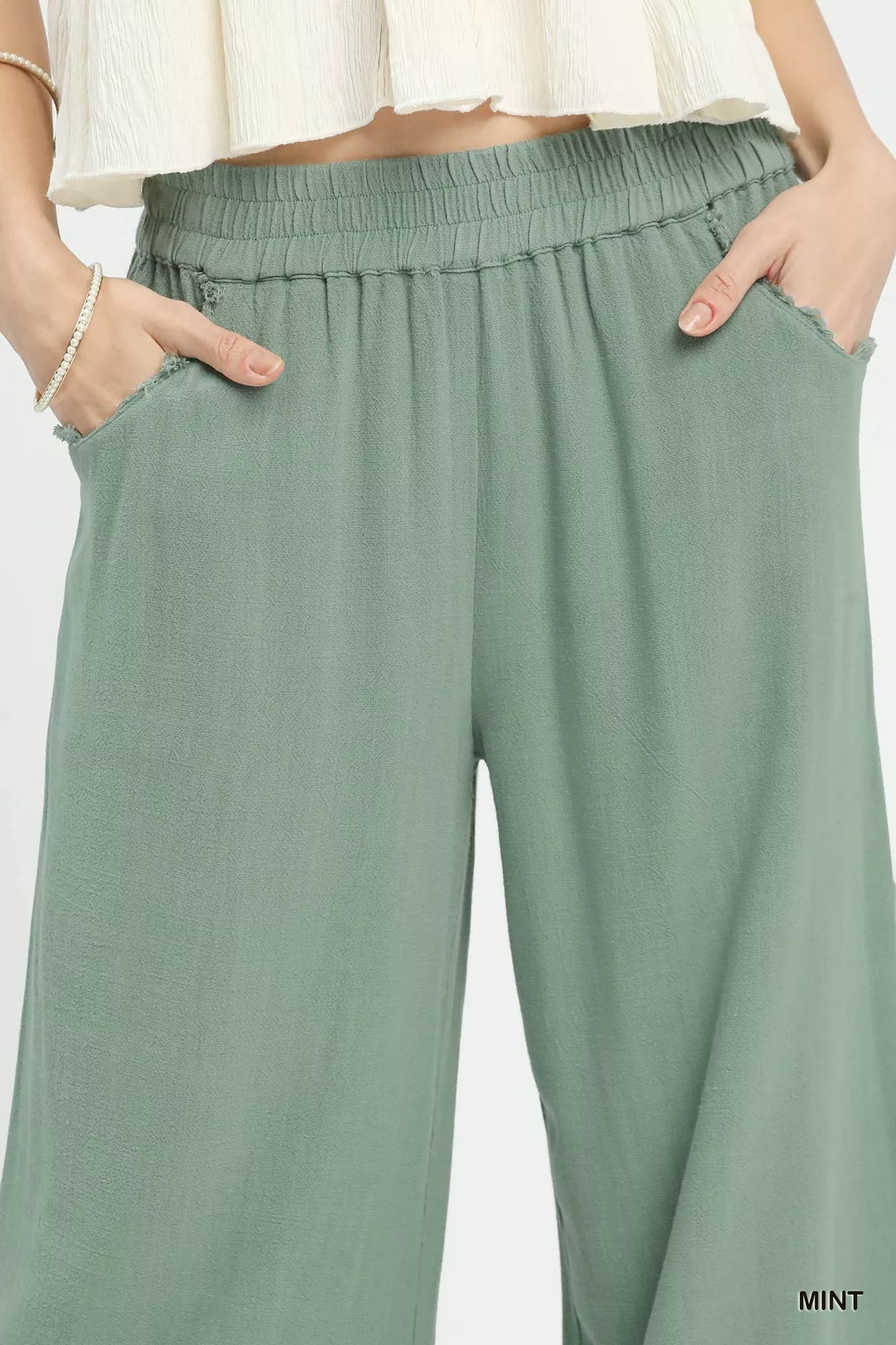 Umgee Linen Wide Leg Cropped Pants with Lace Trim 