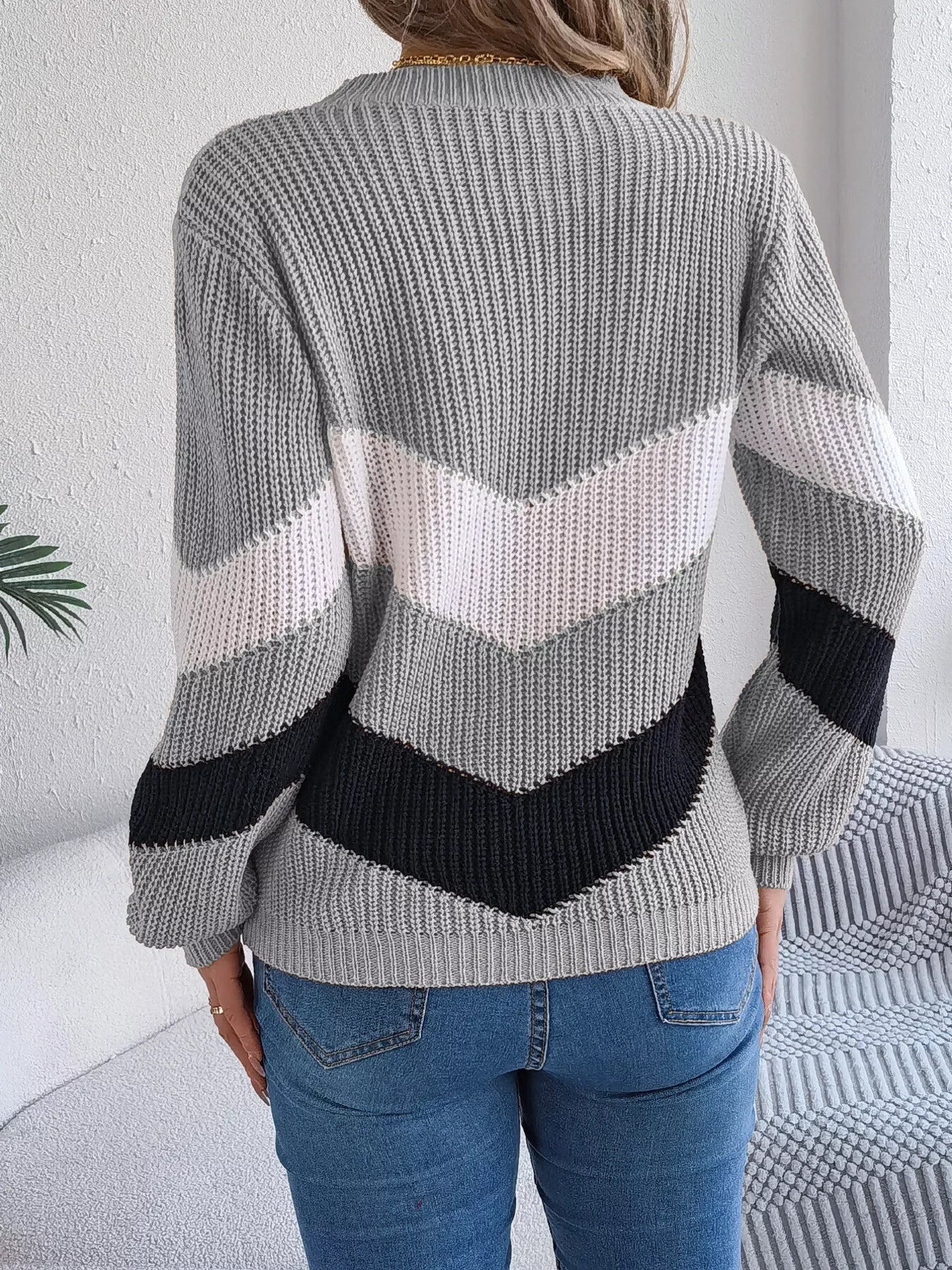 Chevron Stripe Color Block Round Neck Sweater 