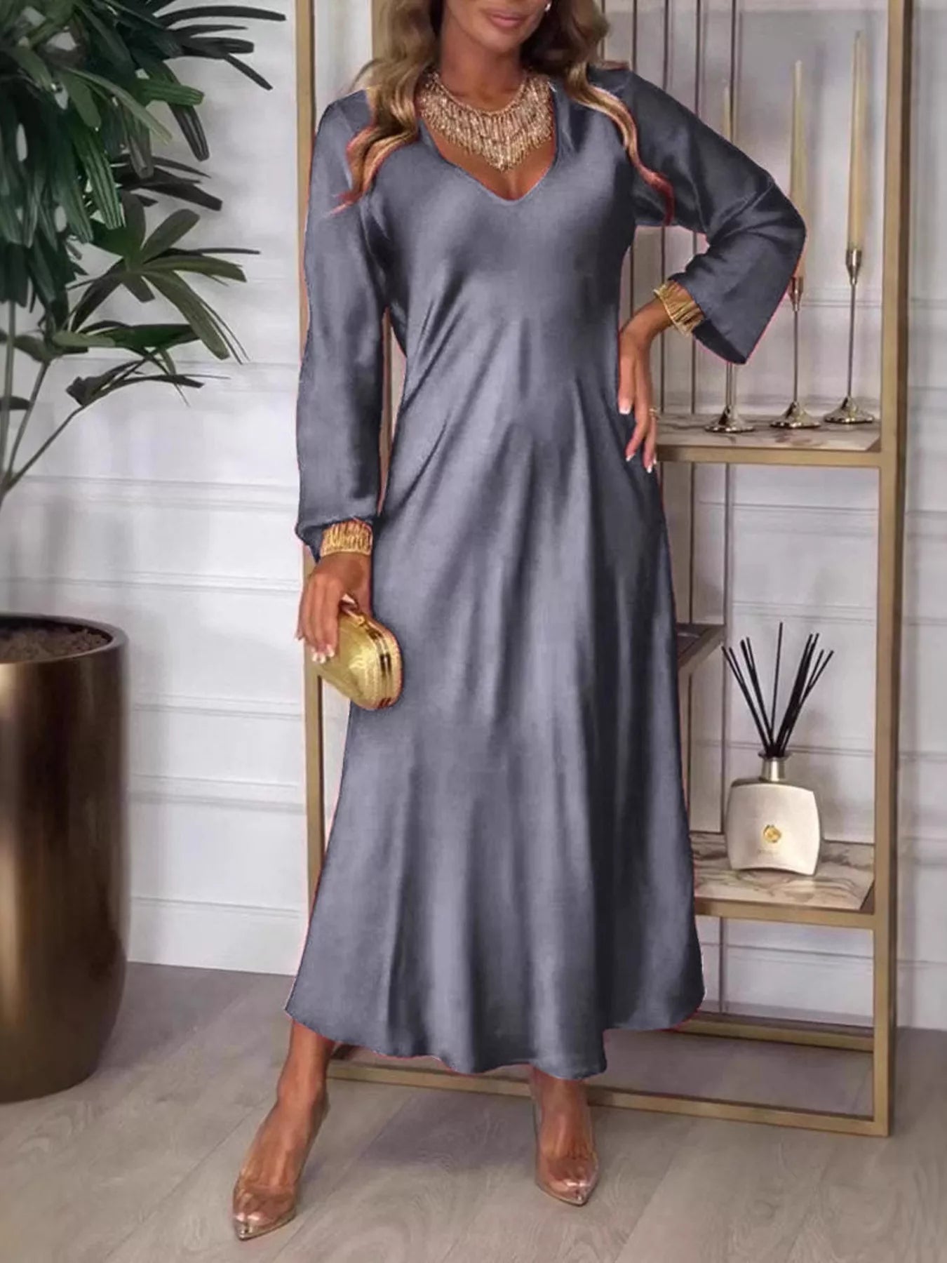 Full Size V-Neck Long Sleeve Midi Dress Plus Size 