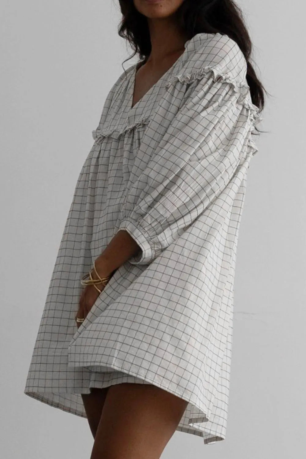 Frill Plaid Notched Balloon Sleeve Mini Dress 