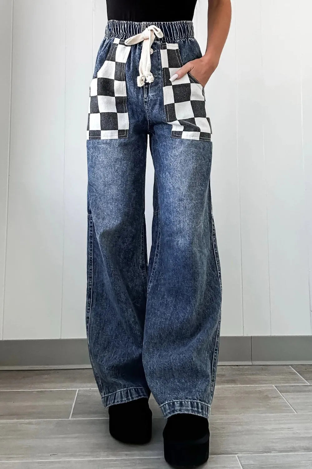 Checkered Wide Leg Jeans 