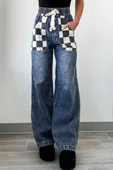 Checkered Wide Leg Jeans 