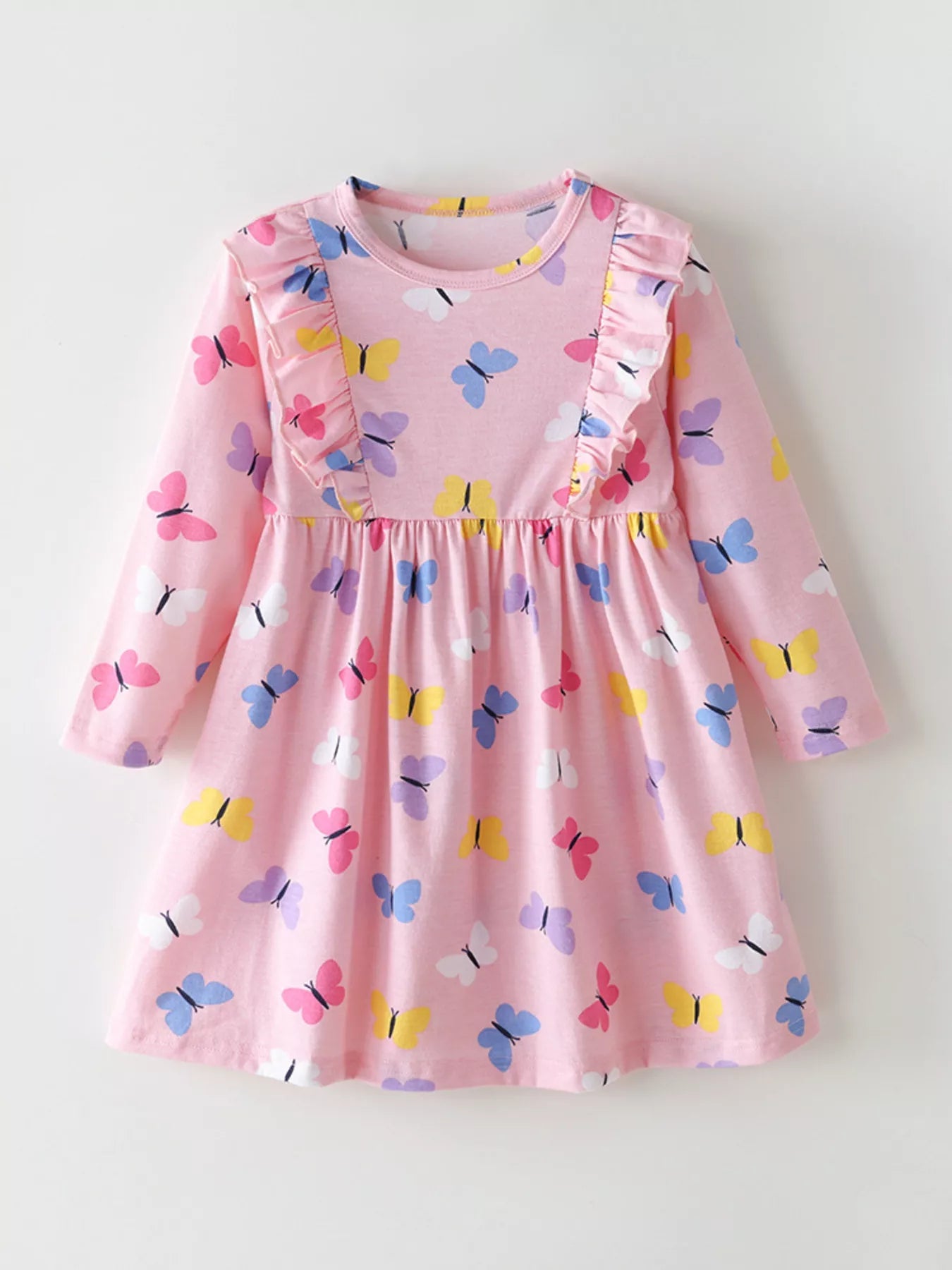 Children's Butterfly Print Ruffle Trim Long Sleeve Dress 