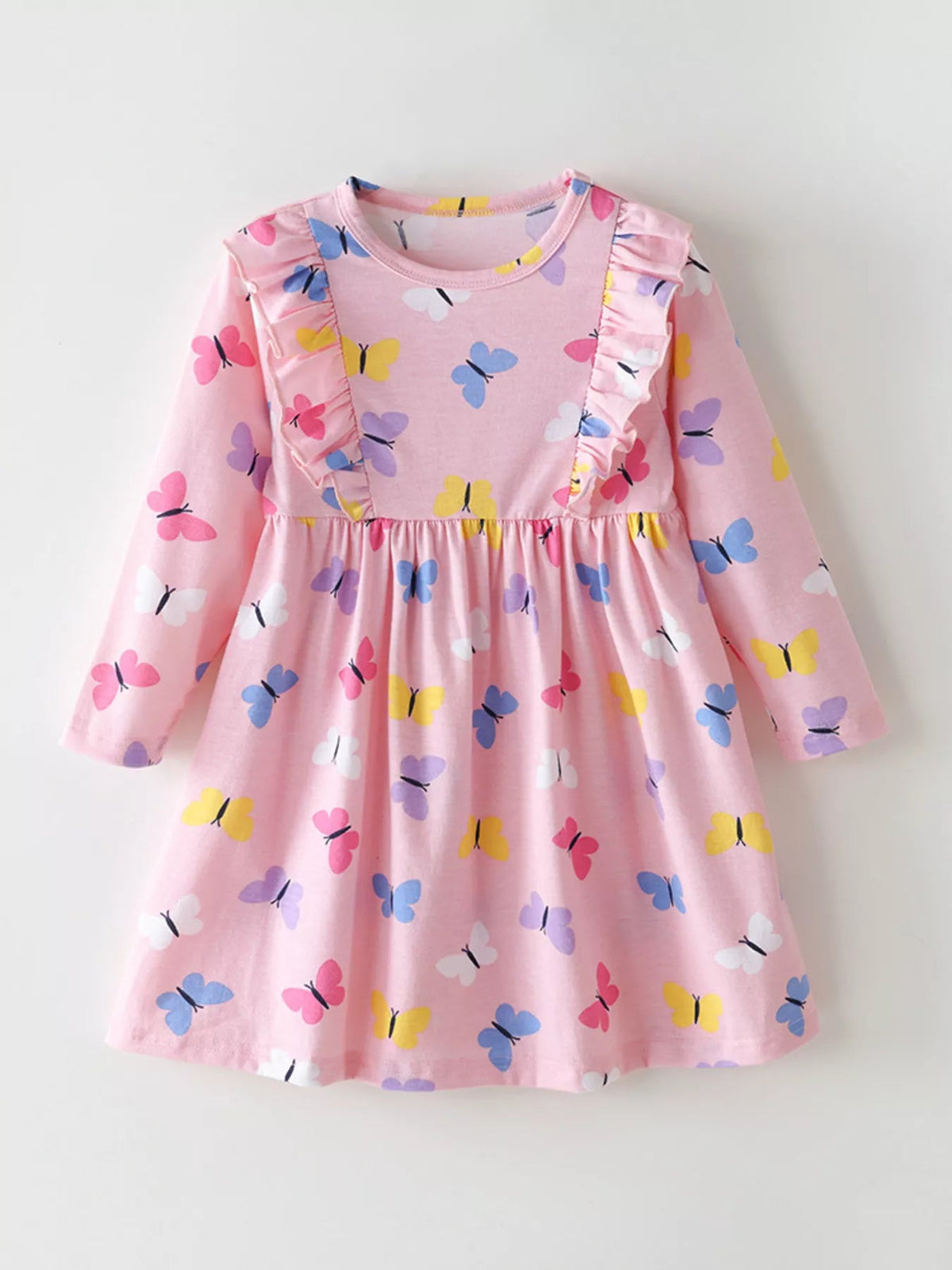 Children's Butterfly Print Ruffle Trim Long Sleeve Dress 
