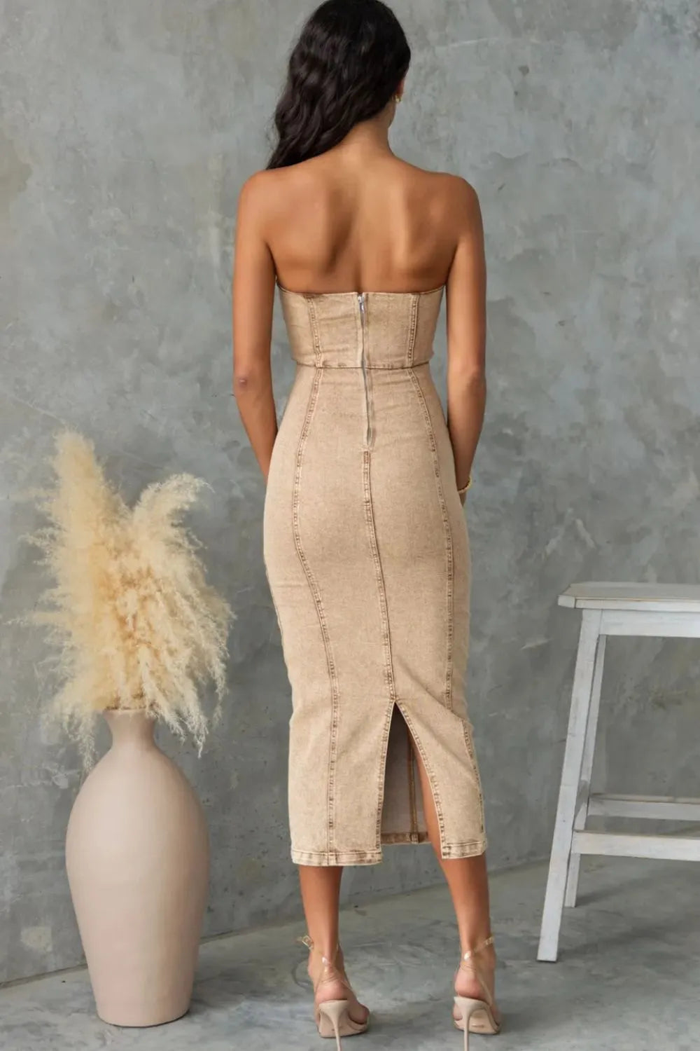 Washed Slit Back Tube Denim Dress 
