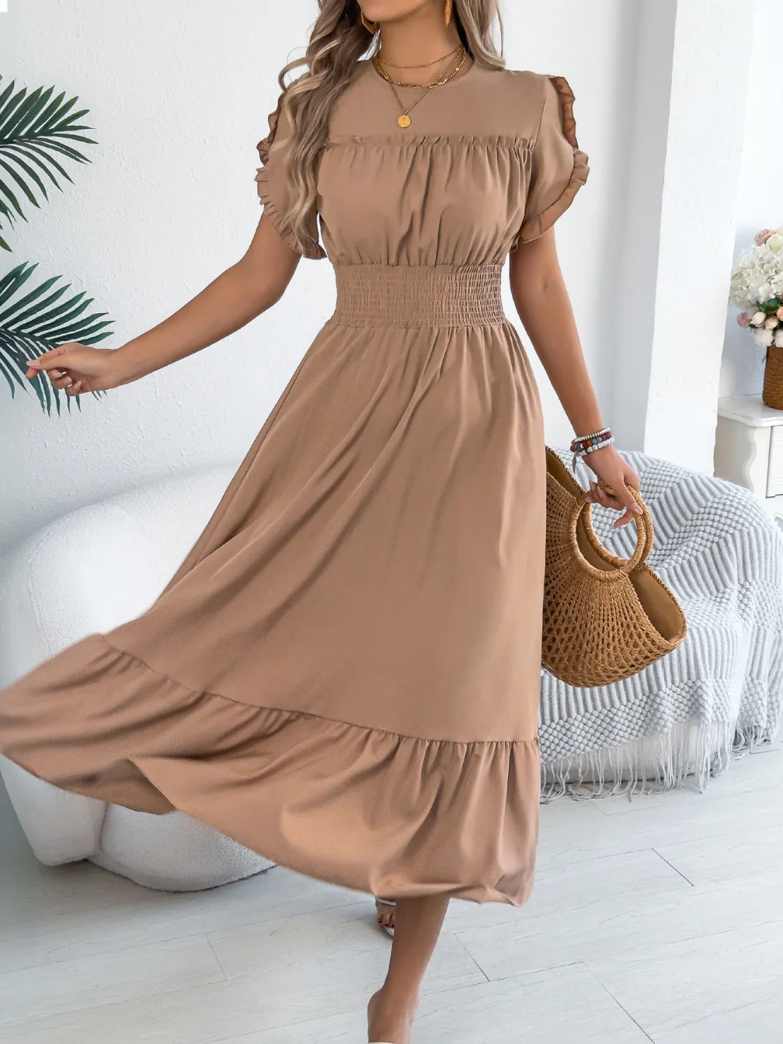 Smocked Frill Round Neck Midi Dress 