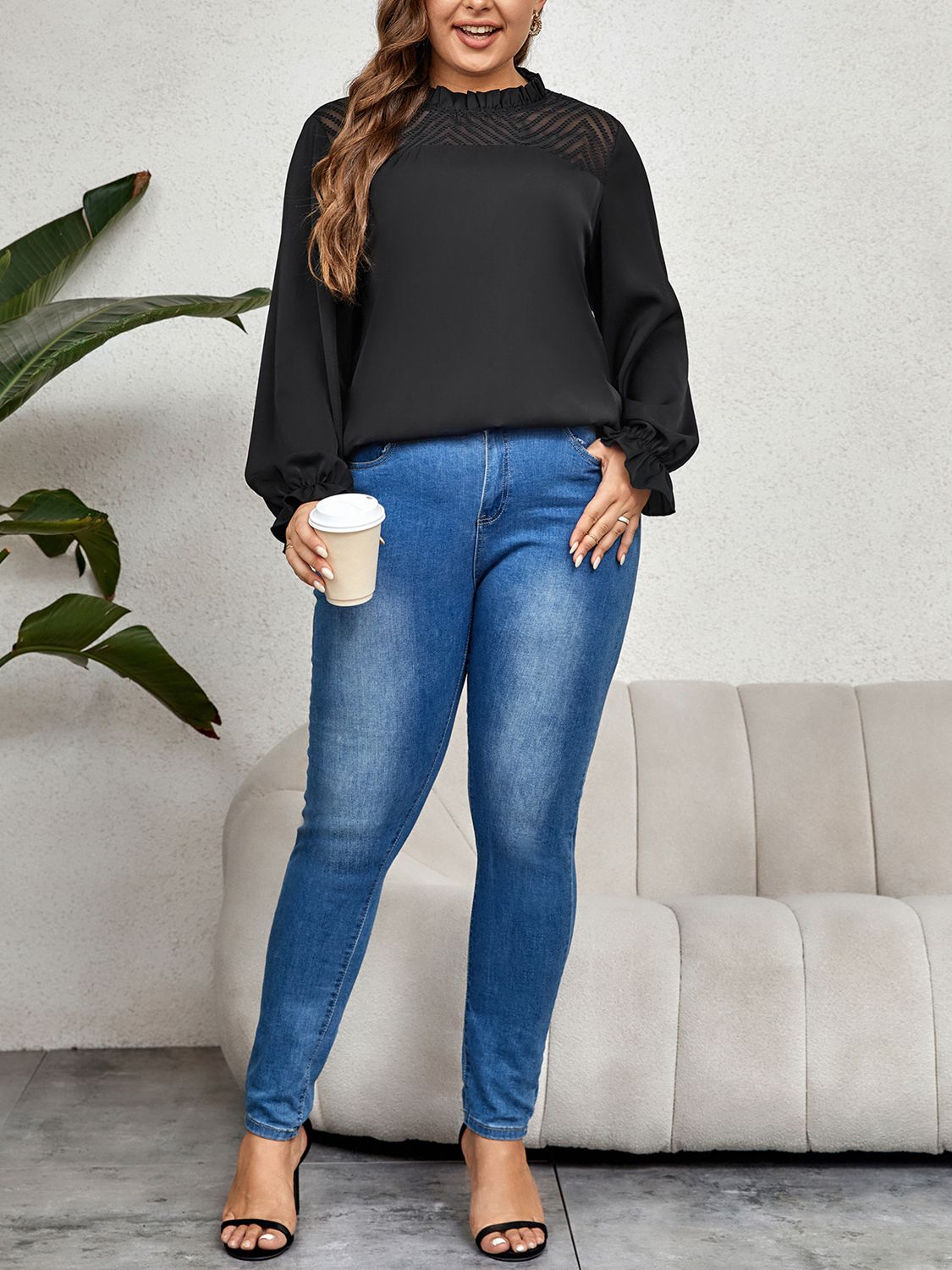Honey Plus Size Round Neck Flounce Sleeve Blouse 