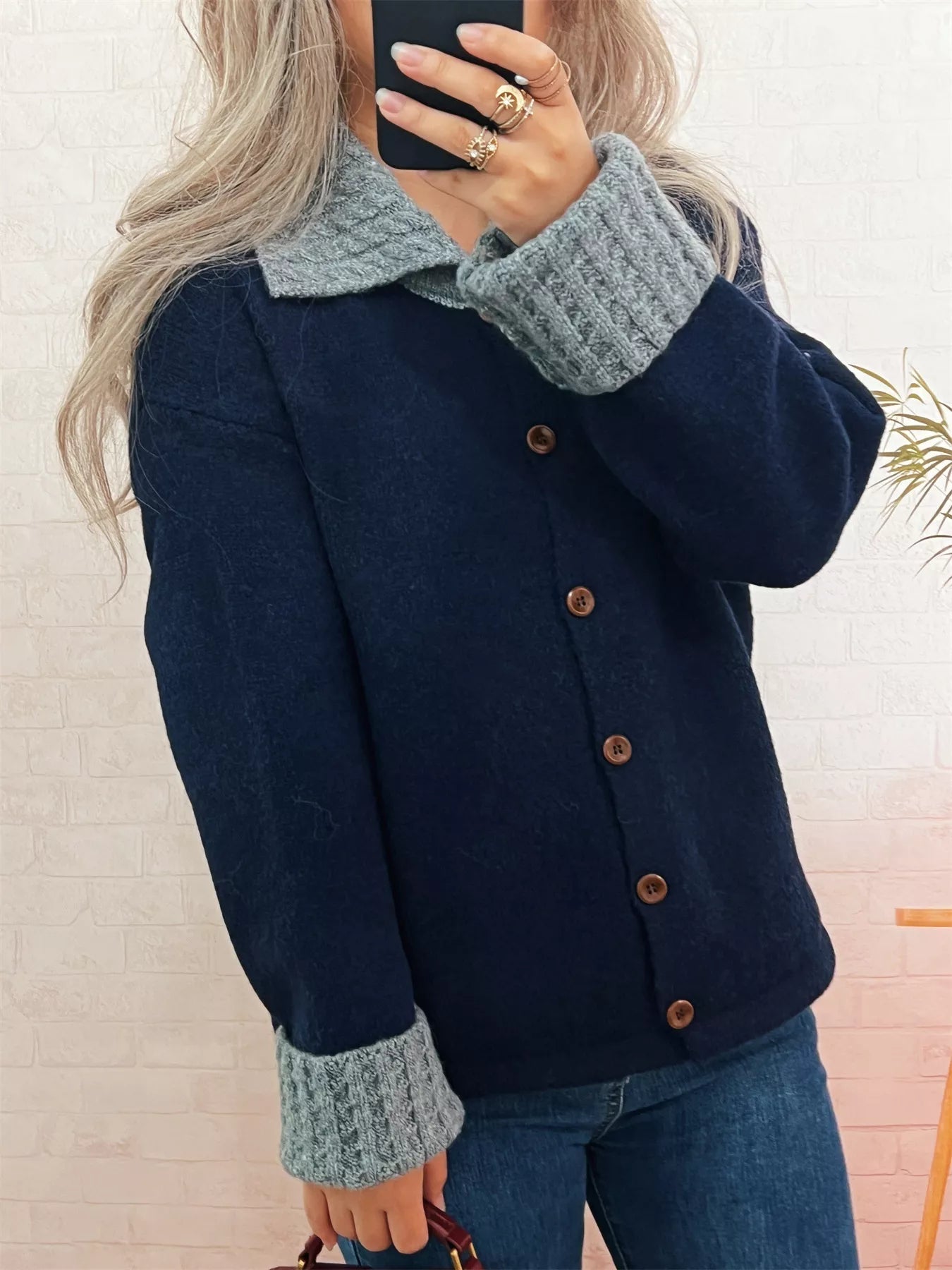 Striped Knit Button Down Cardigan with Collar 