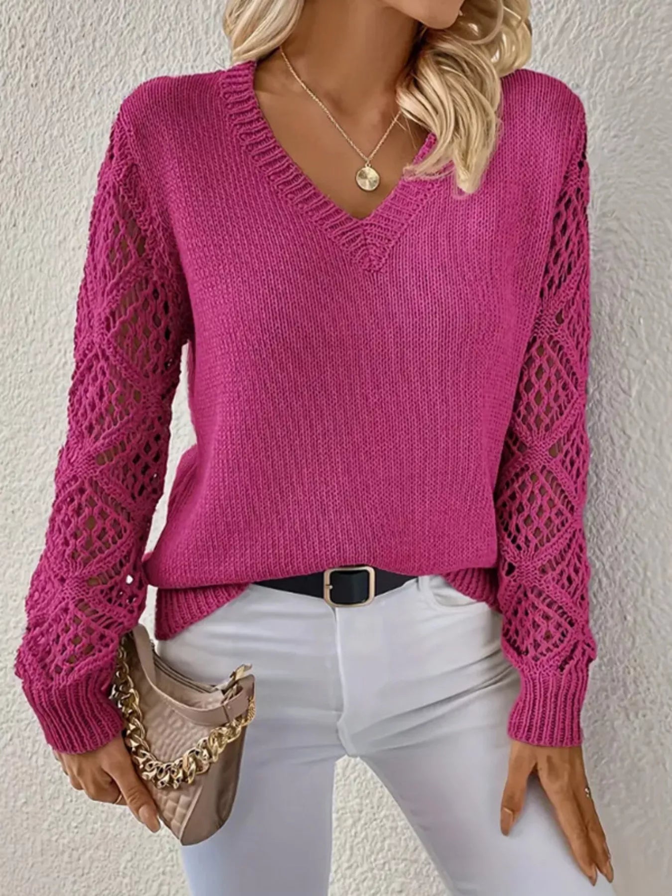 Openwork V-Neck Long Sleeve Sweater 